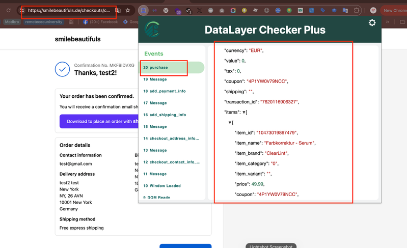 DataLayer values validated across product and checkout pages